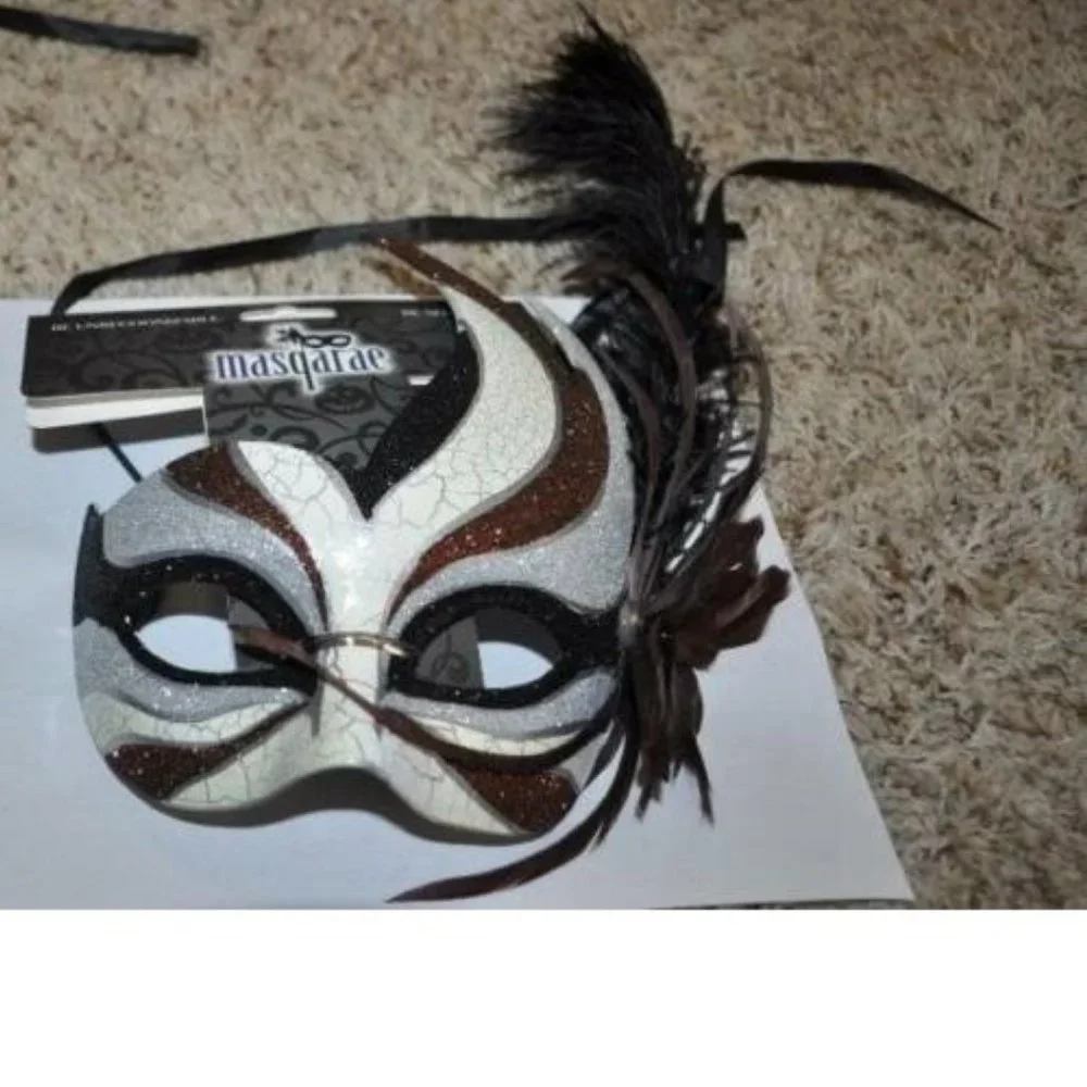 Masquerade Mask Halloween Mardi Gras White & Brown Feather Bird Ceramic Party
